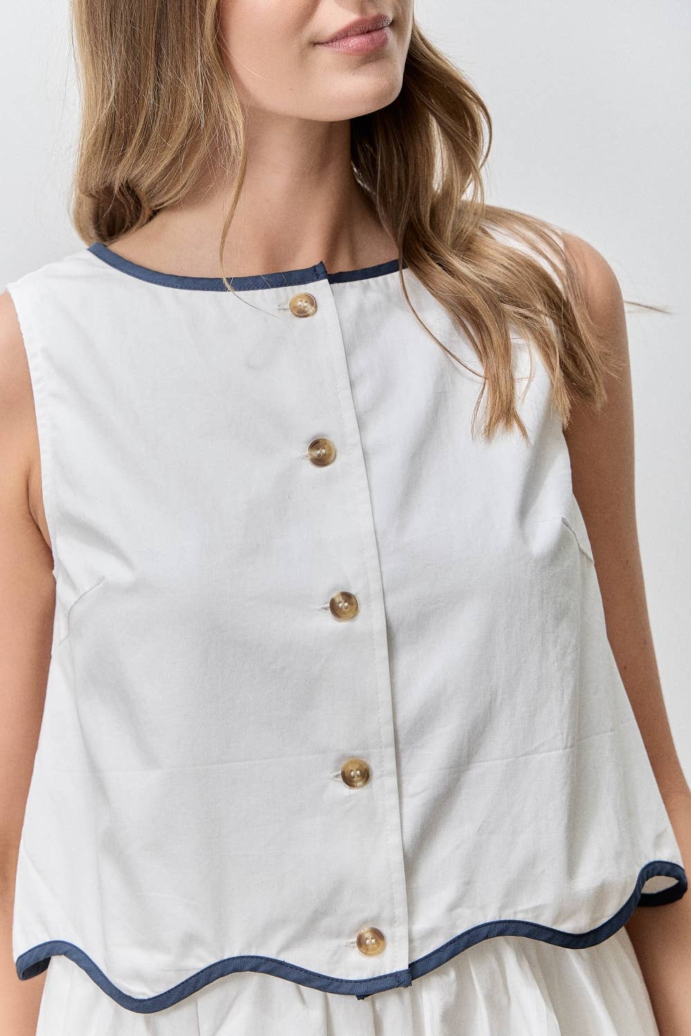White Scallop Button Up Top