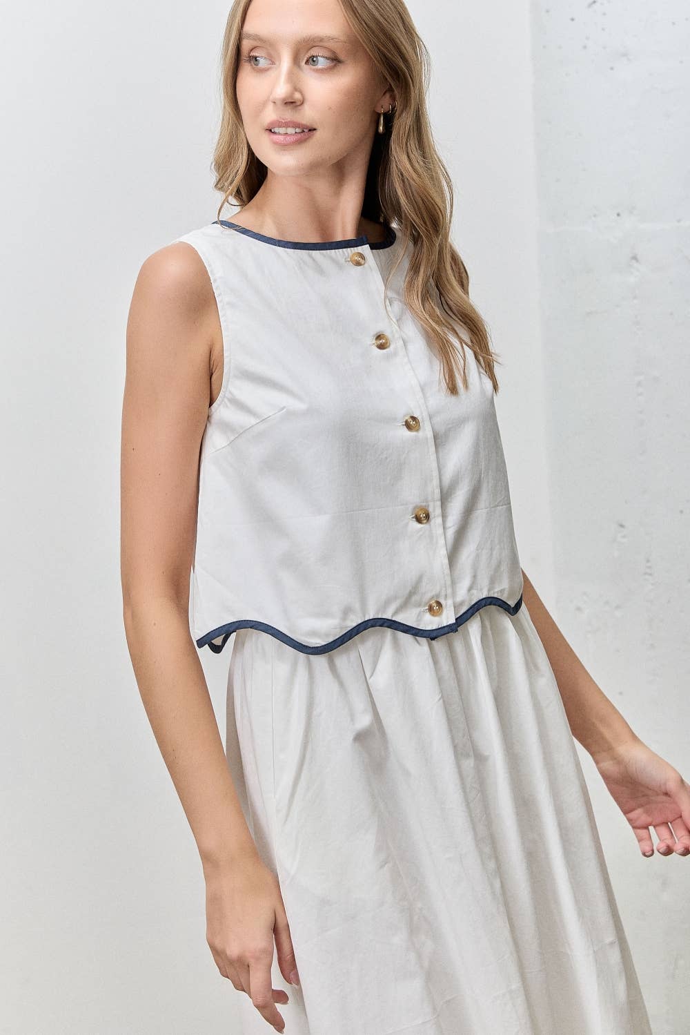White Scallop Button Up Top