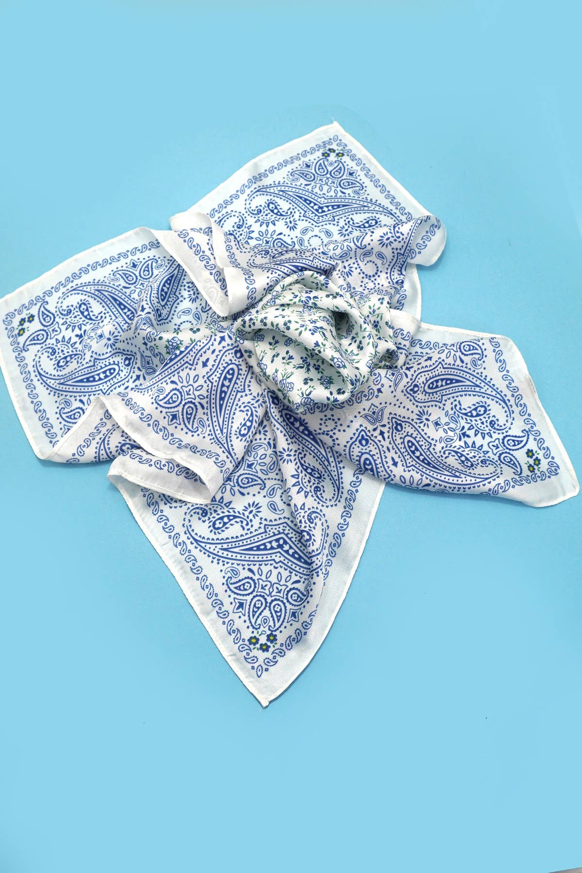 Blue and White Floral Toile Bandana Silk Scarf