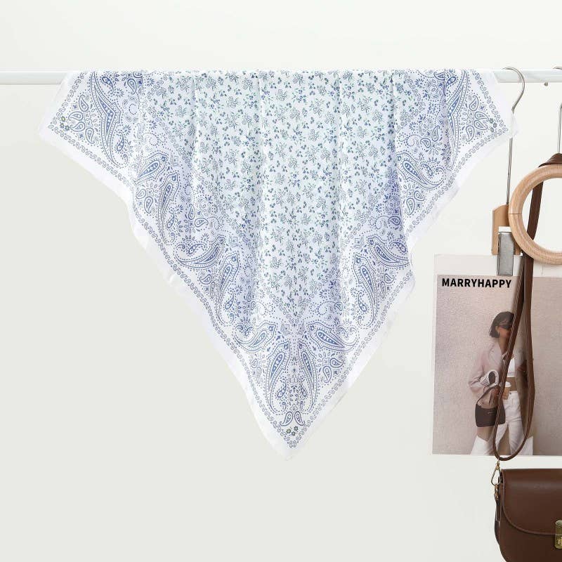 Blue and White Floral Toile Bandana Silk Scarf