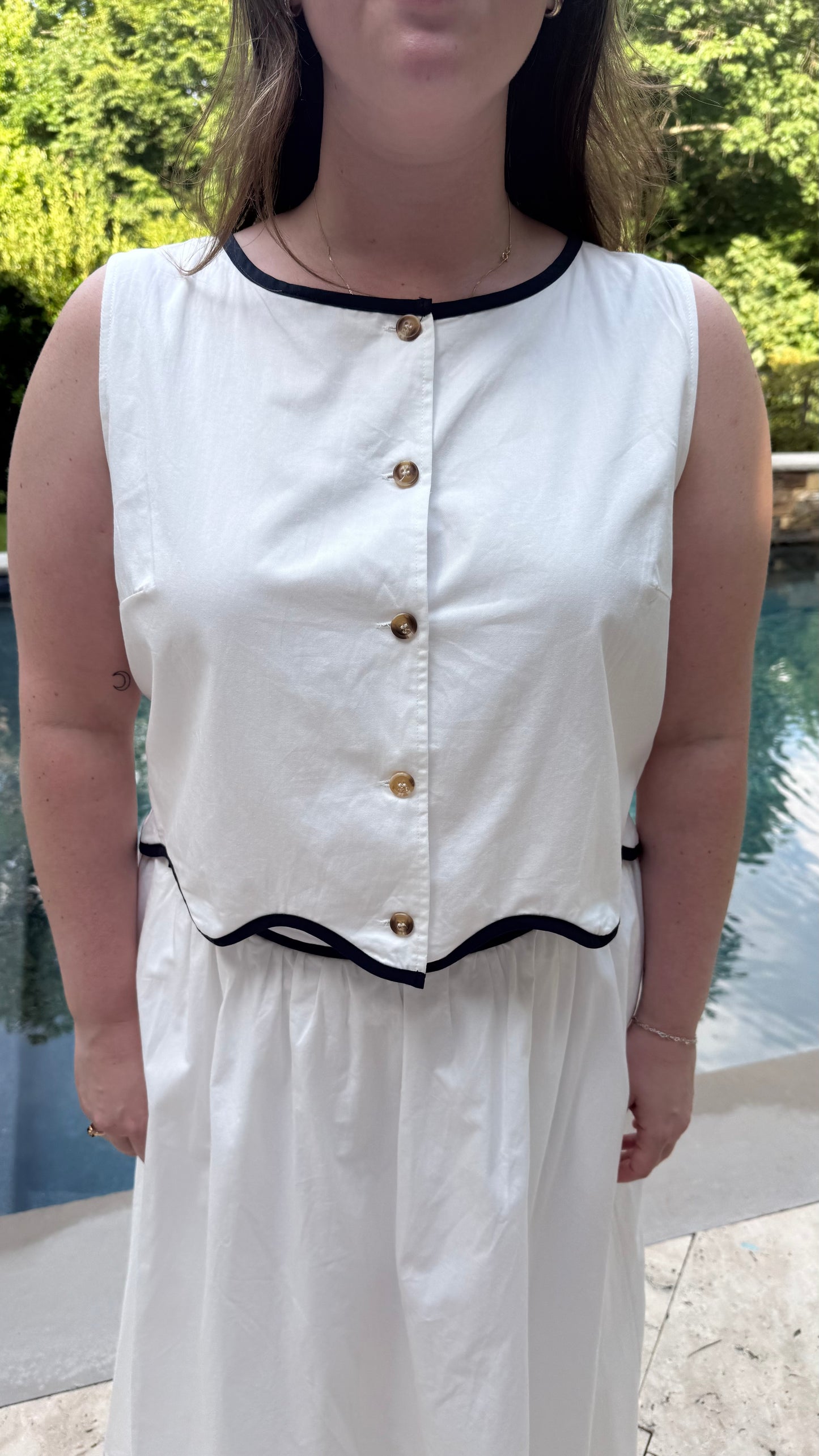White Scallop Button Up Top