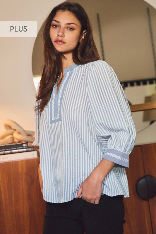 Blue Striped Woven Blouse Plus
