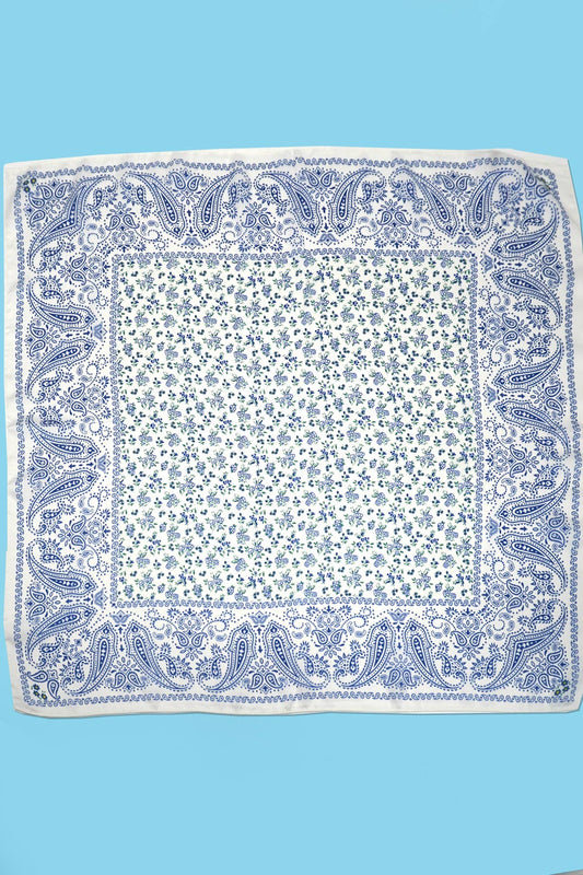Blue and White Floral Toile Bandana Silk Scarf